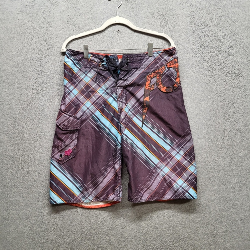 Fox Men Shorts 30 Purple Board Shorts Plaid Large R Logo Drawstring 11" Inseam